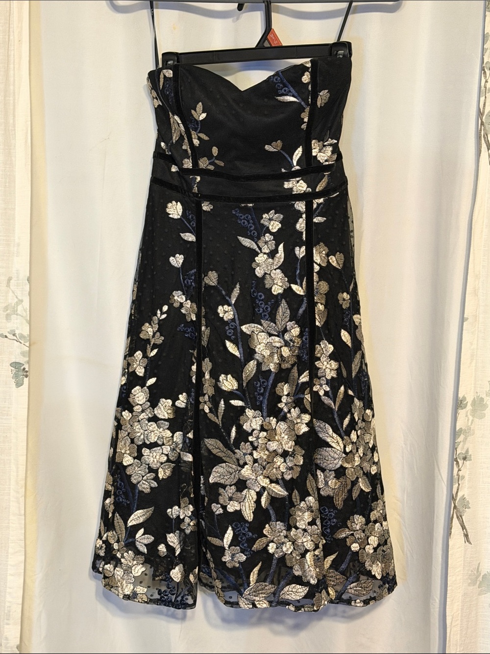 Lulu's Black Strapless Floral A-Line Dress with Metallic Accents